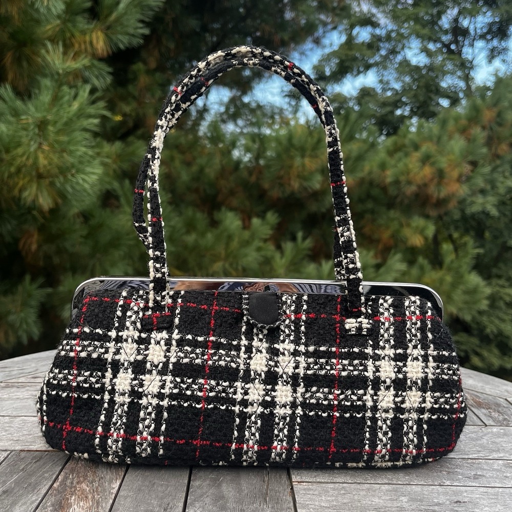 Vera Bradley Clutch Tweed Little Frame Bag Plaid Black White Red‎ Boucle Clean